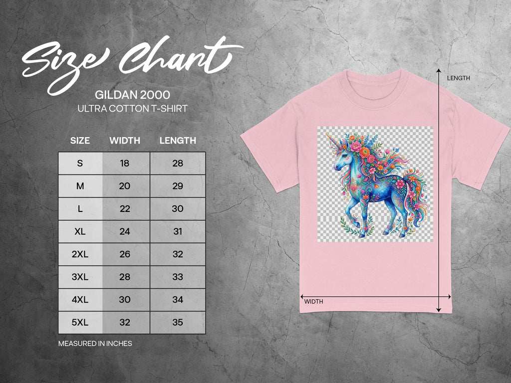 Gildan 2000 Ultra Cotton T-shirt size chart with unicorn graphic, measured in inches.