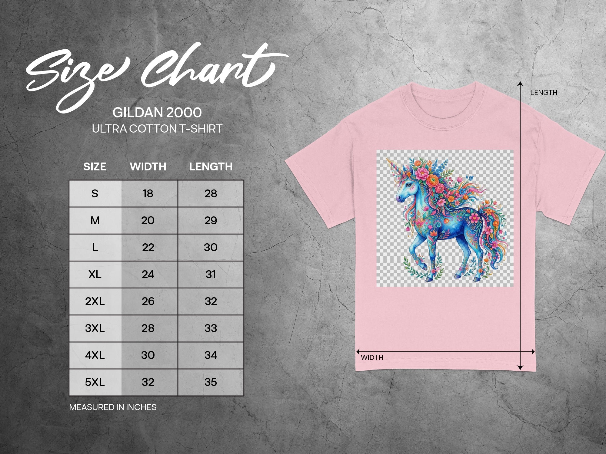 Gildan 2000 Ultra Cotton T-shirt size chart with unicorn graphic, measured in inches.