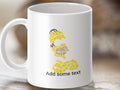 White mug with Homer Simpson's profile made of text, "Add some text".
