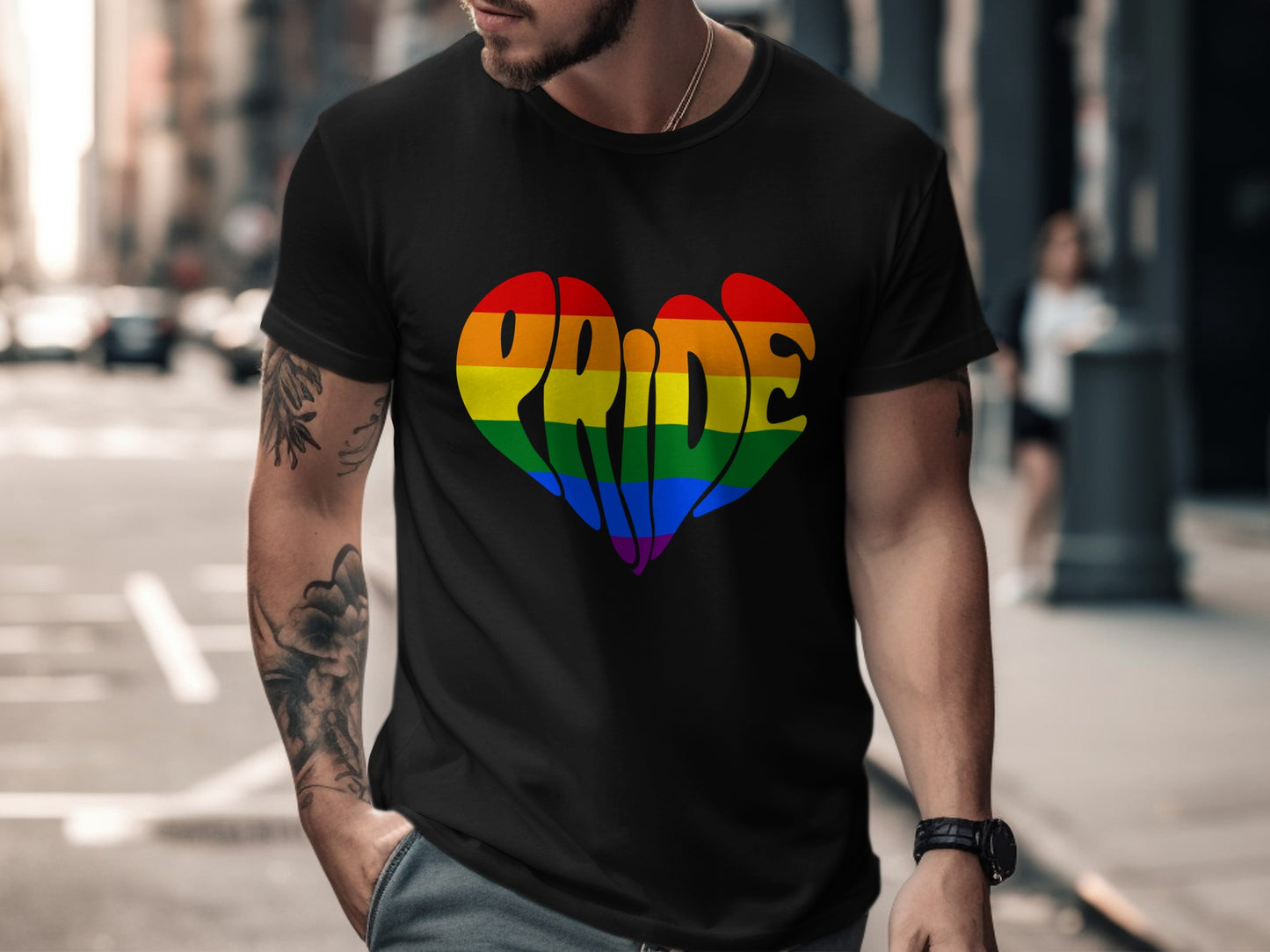 Black t-shirt with rainbow pride heart graphic and the word "Pride"