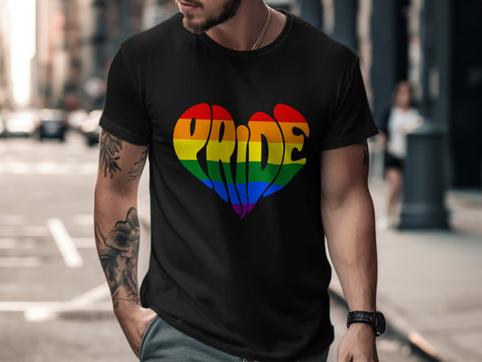 Black t-shirt with rainbow pride heart graphic and the word "Pride"