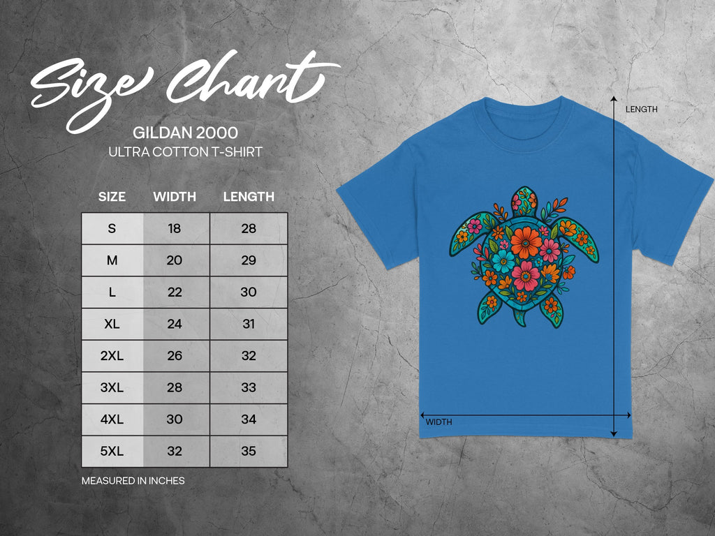 Gildan 2000 Ultra Cotton t-shirt size chart with width and length measurements.