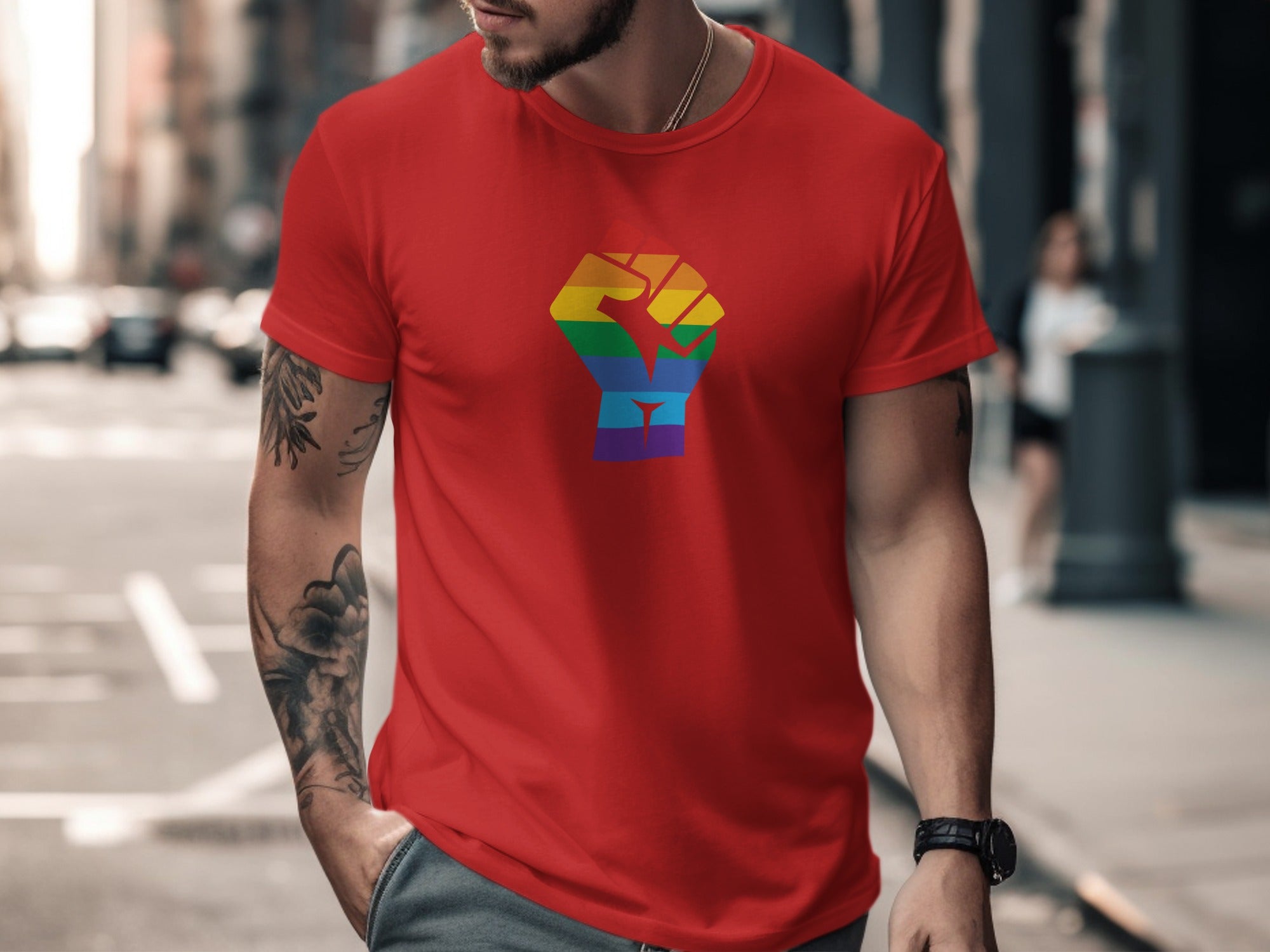 Red t-shirt with a rainbow-colored raised fist graphic on chest.
