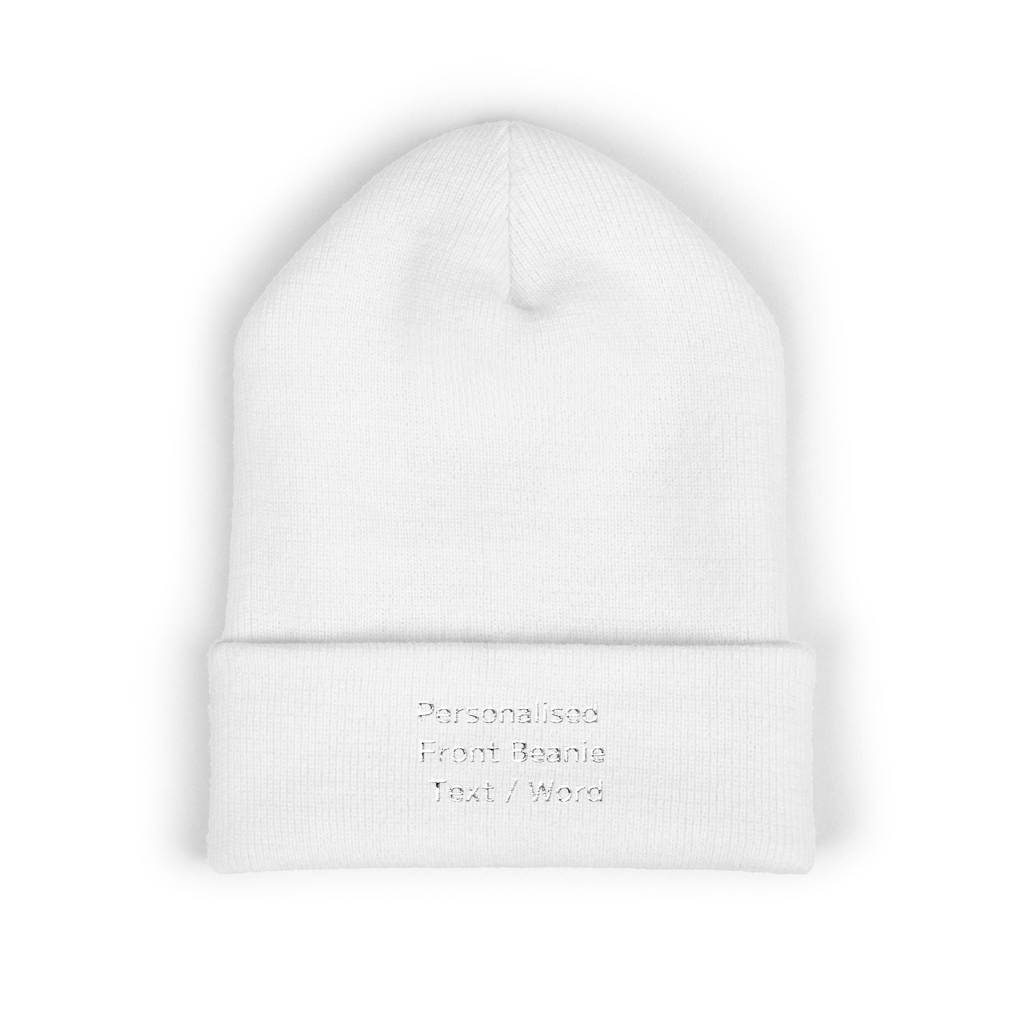 White beanie with "Personalised Front Beanie Text / Word" embroidered on the cuff.