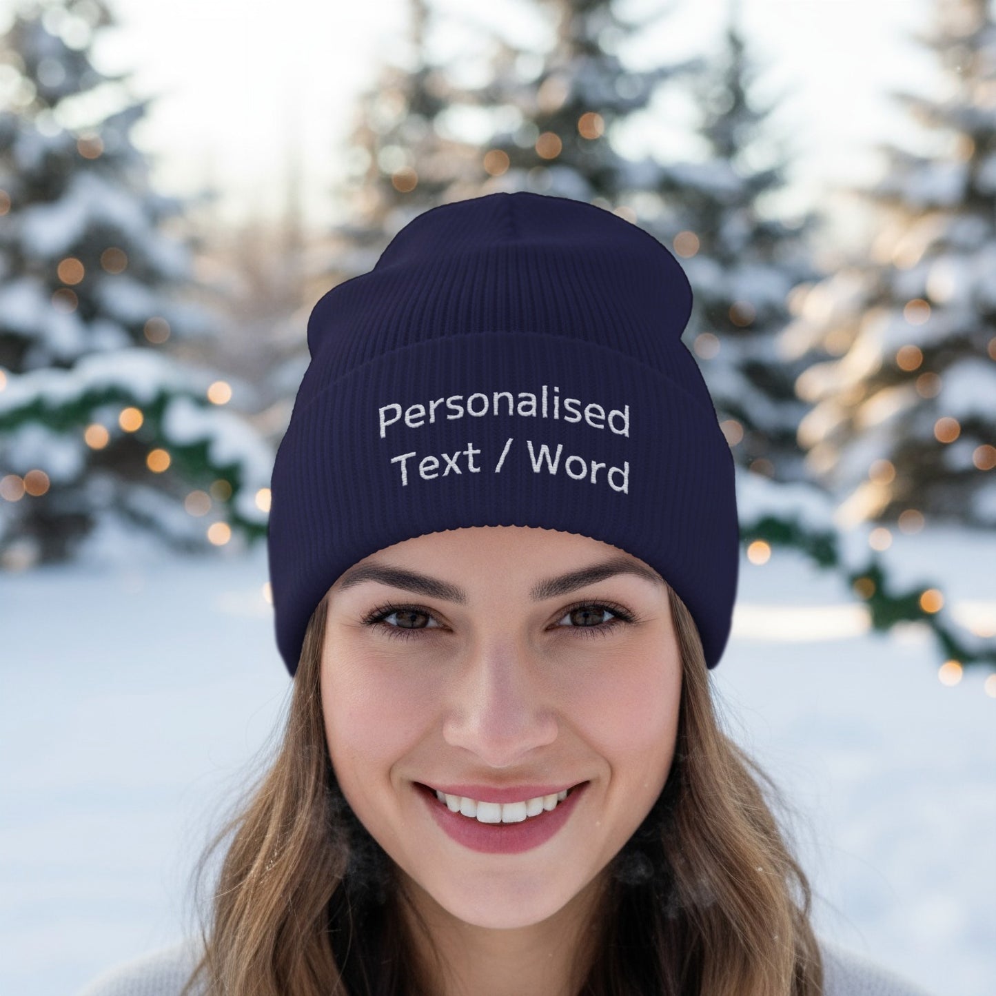 Navy blue ribbed beanie with white embroidered text "Personalised Text / Word".