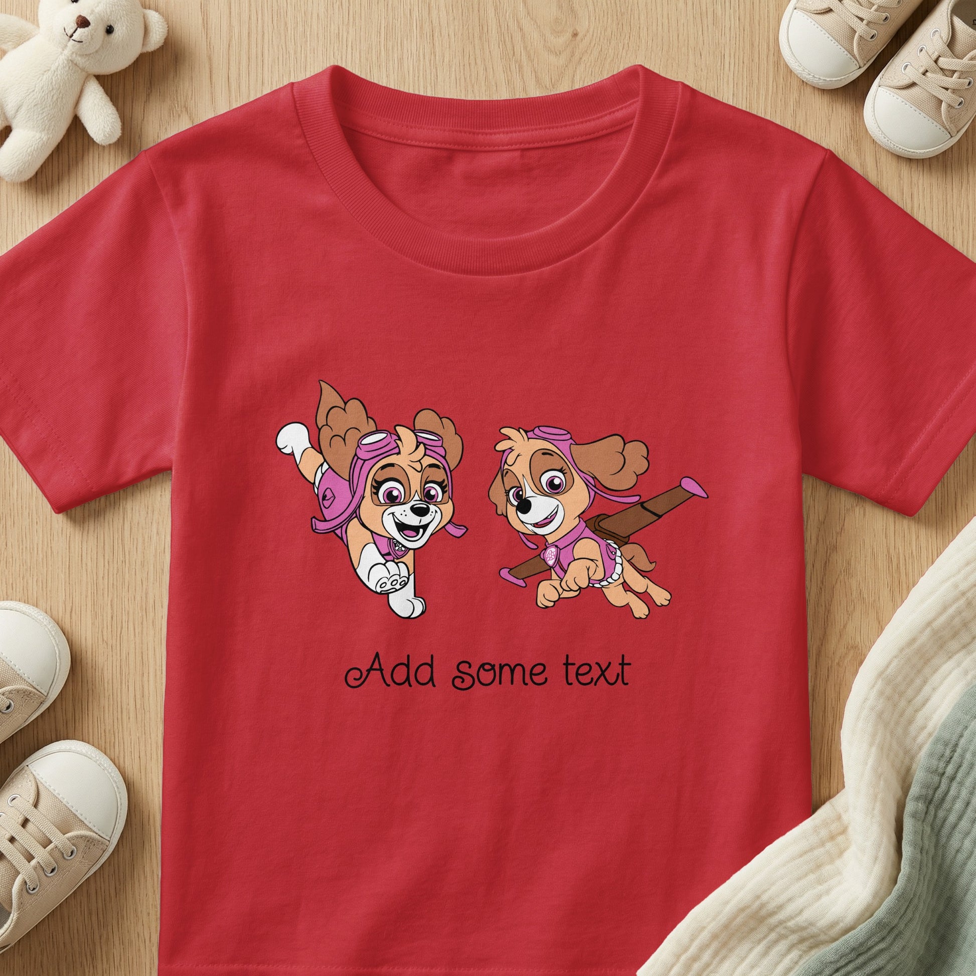 Red t-shirt with two cartoon dogs and "Add some text" printed.