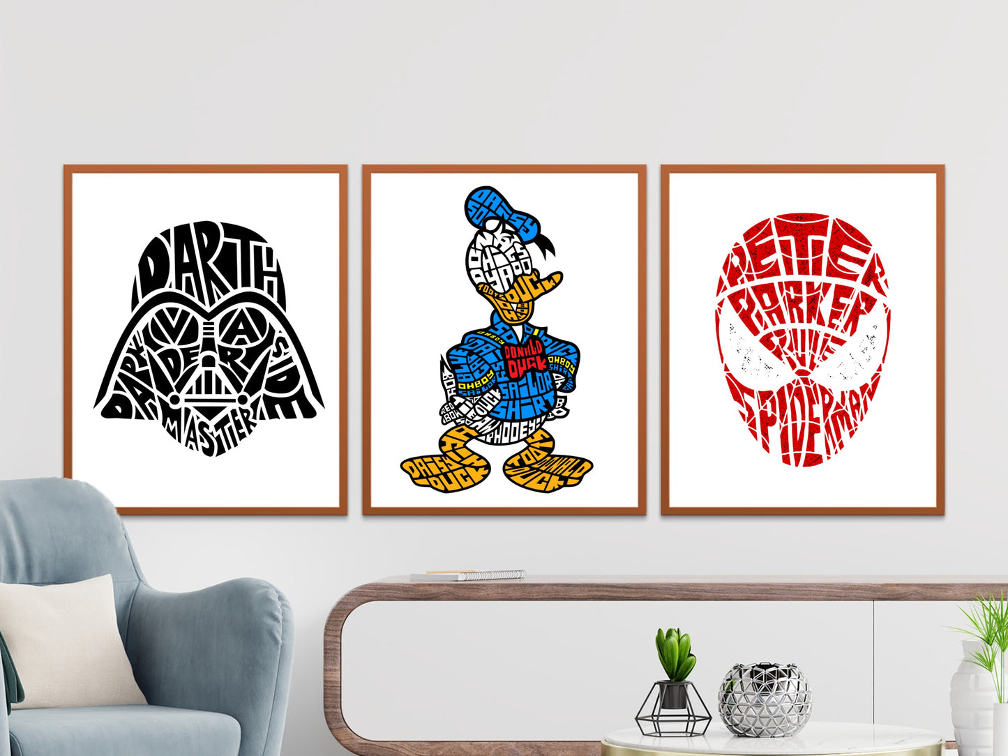 Framed art prints of Darth Vader, Donald Duck, and Spider-Man made from text.