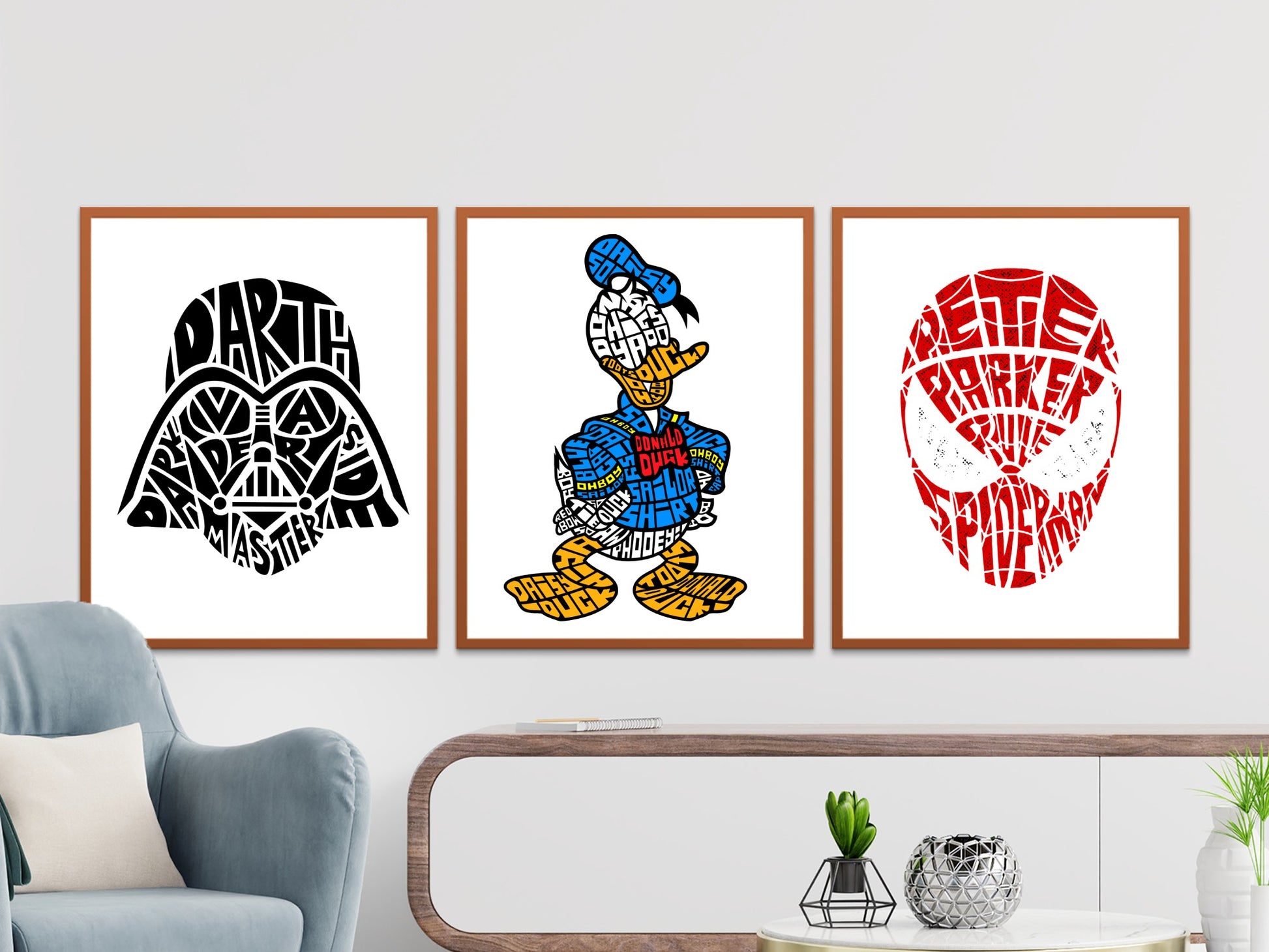 Framed art prints of Darth Vader, Donald Duck, and Spider-Man made from text.