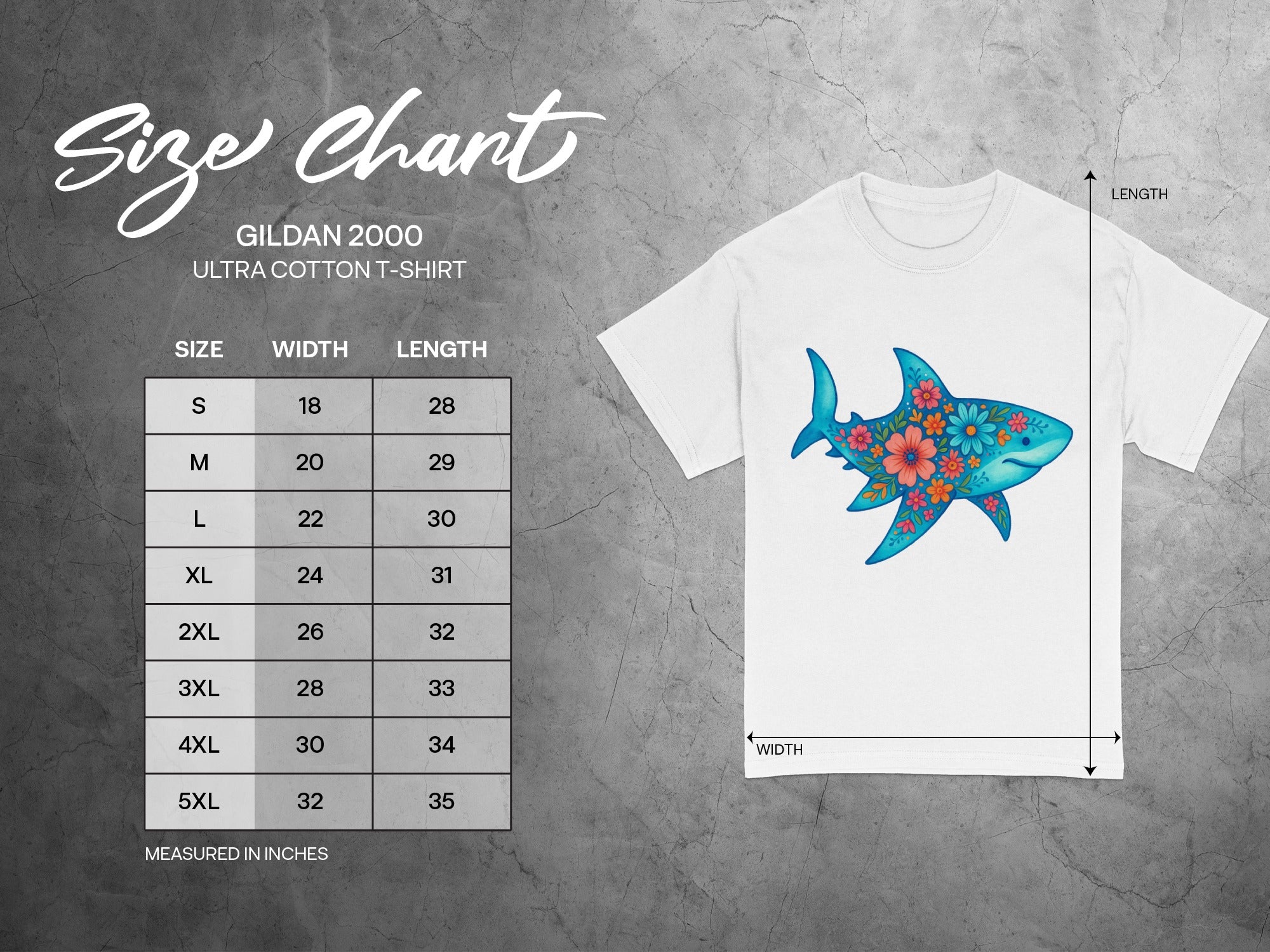 Gildan 2000 Ultra Cotton t-shirt size chart with floral shark graphic.