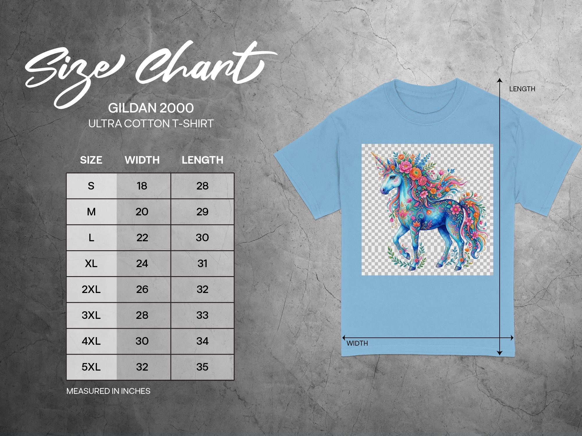 Gildan 2000 Ultra Cotton T-Shirt size chart with unicorn graphic and measurements in inches.