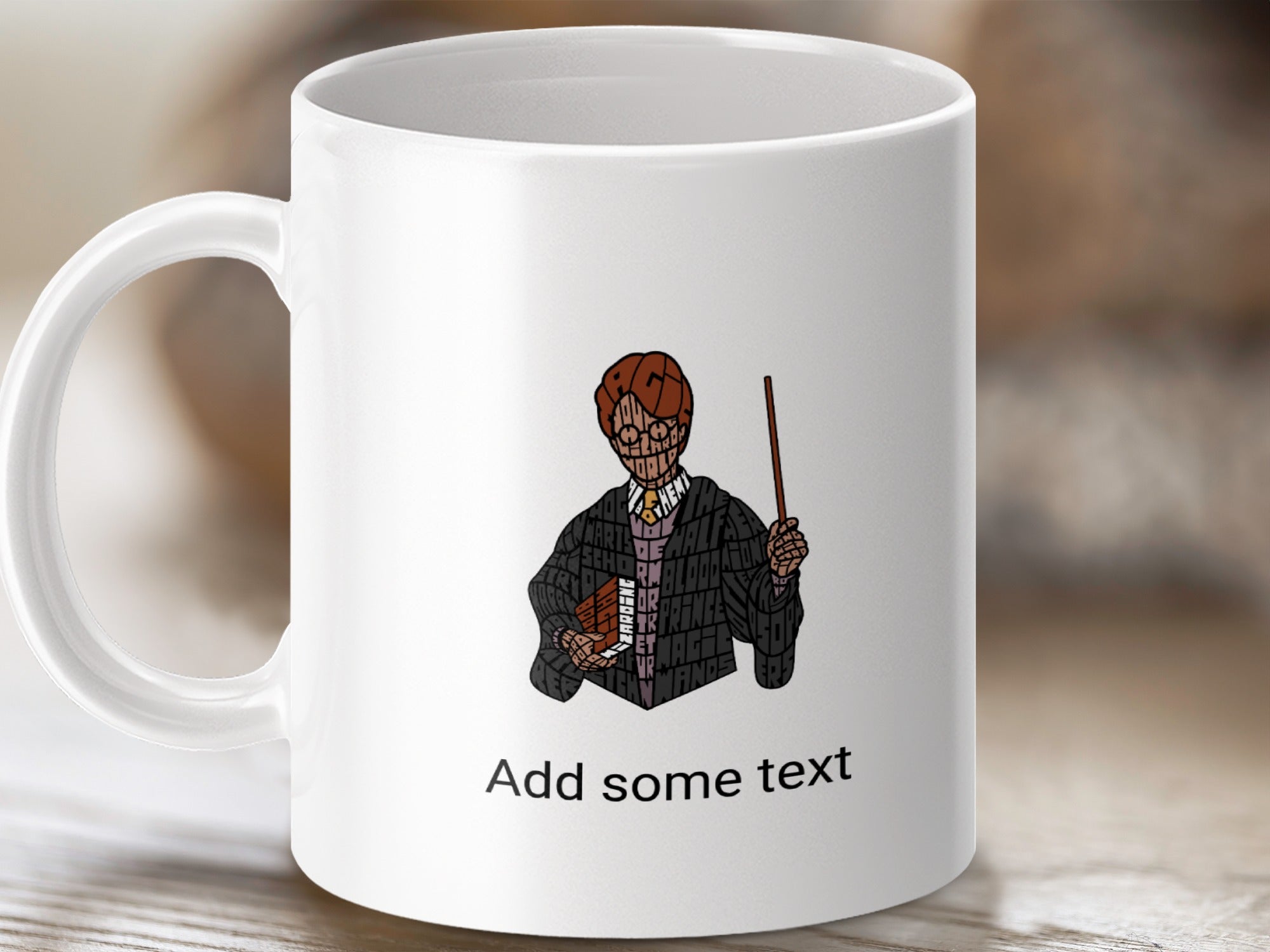 White mug with Harry Potter graphic and "Add some text" placeholder.