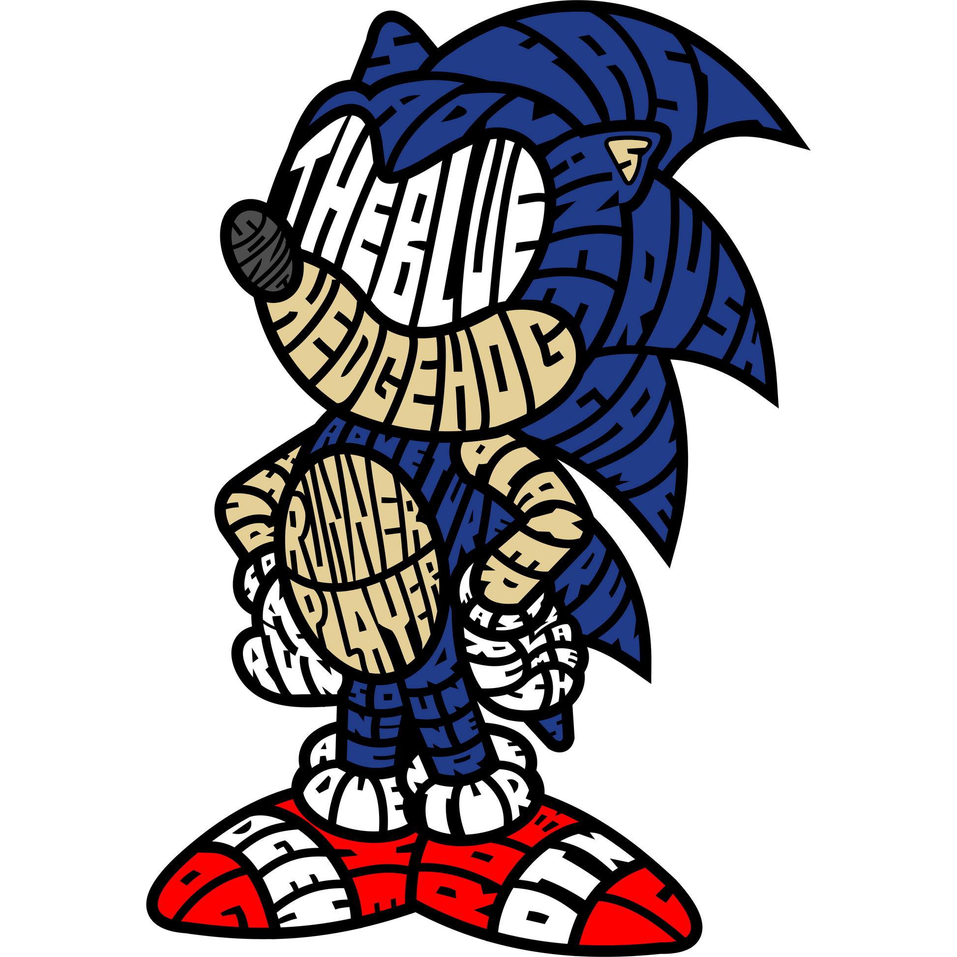 Sonic the Hedgehog composed of text shapes: "The Blue Hedgehog Runner Player"