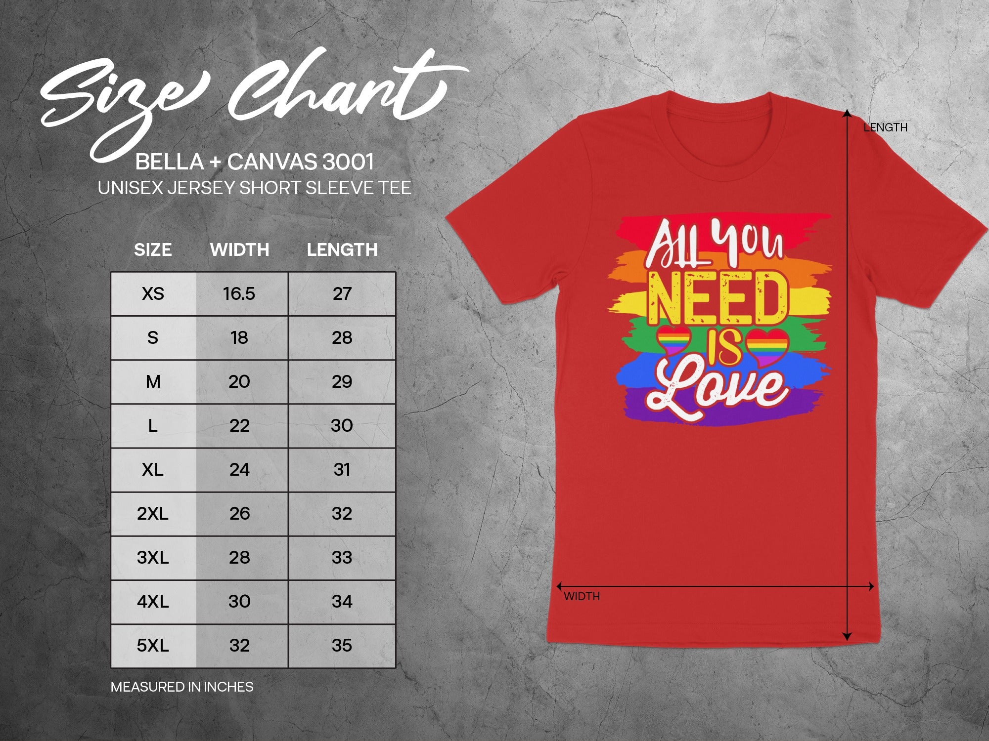 Bella + Canvas 3001 size chart for unisex jersey short sleeve tee.