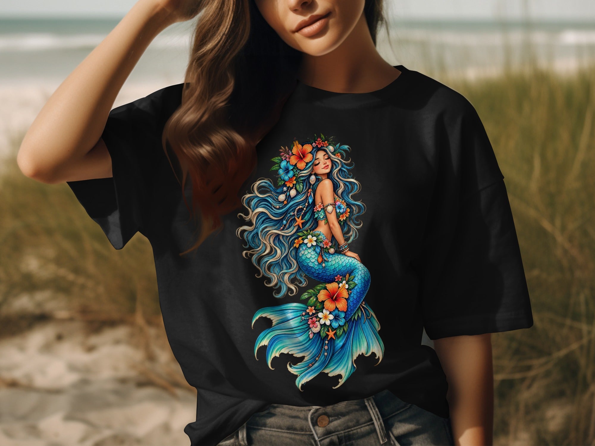 Black t-shirt with a colorful mermaid illustration and floral accents.