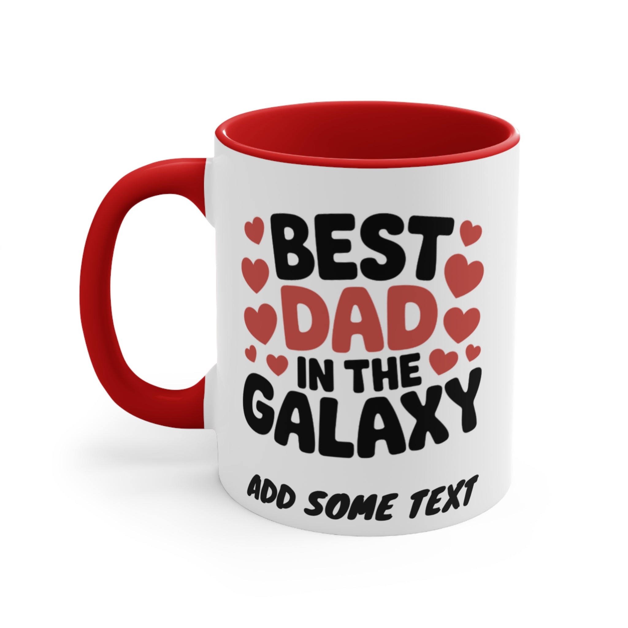 White mug with red handle and rim, saying "BEST DAD IN THE GALAXY".
