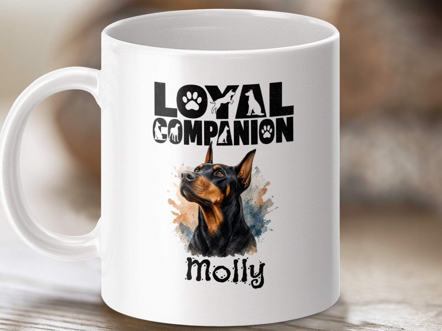 White mug with a Doberman dog portrait and text "Loyal Companion Molly".