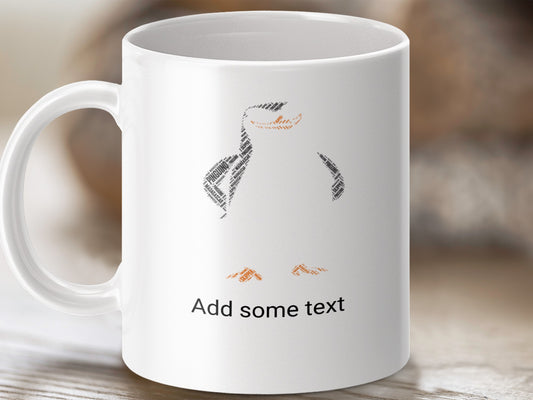 White mug with "Add some text" and a puffin made of words.