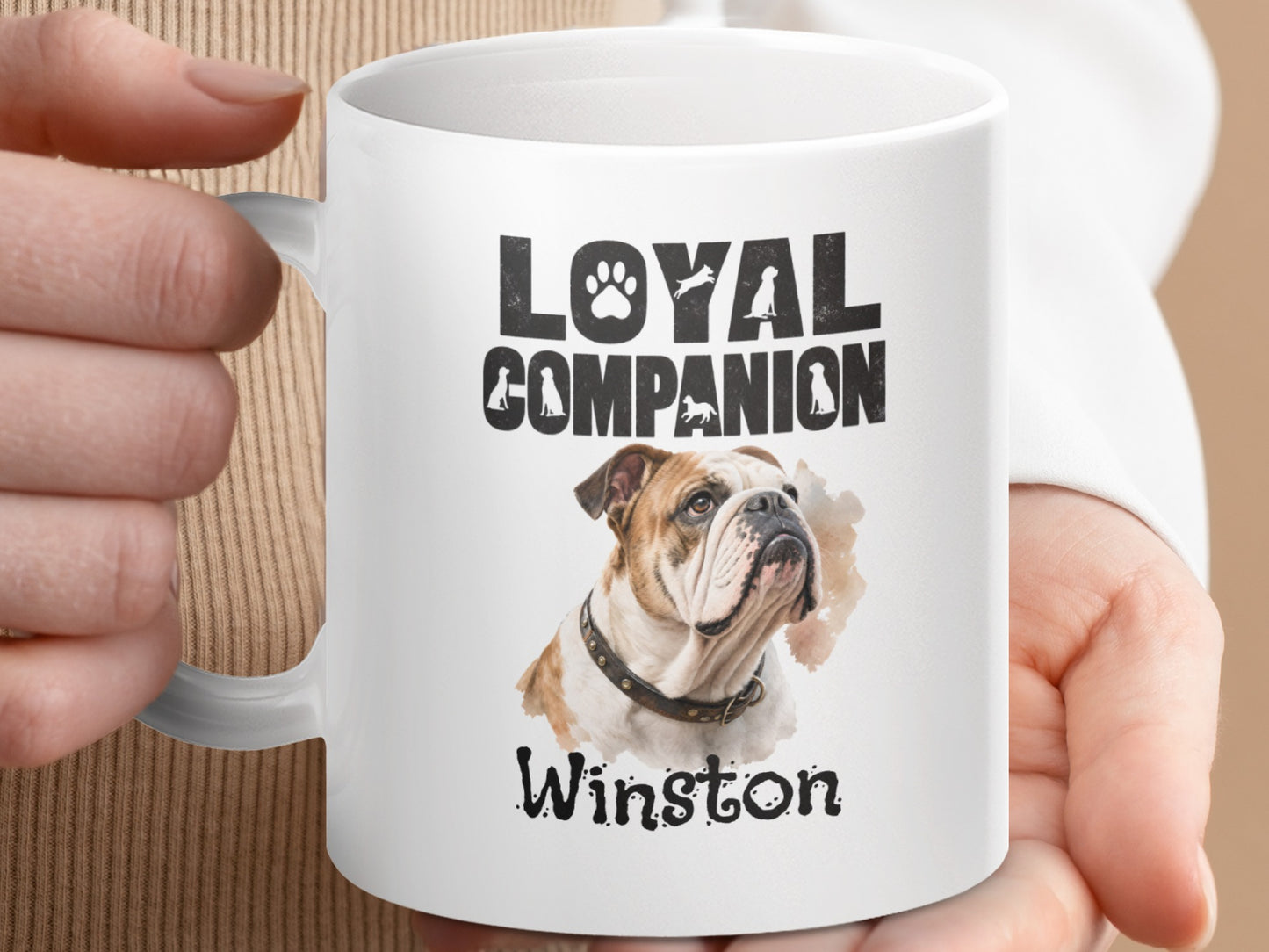 Mug with an English bulldog portrait, "Loyal Companion", and "Winston".