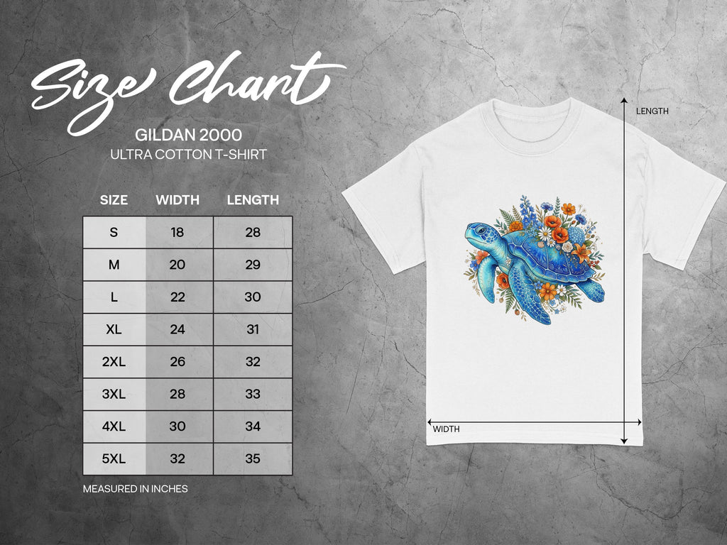 Gildan 2000 t-shirt size chart with measurements for width and length in inches.
