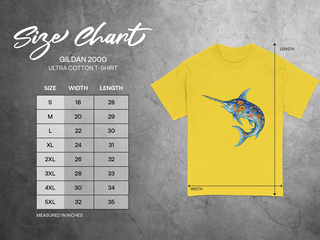 Gildan 2000 Ultra Cotton T-Shirt size chart with width and length measurements in inches.