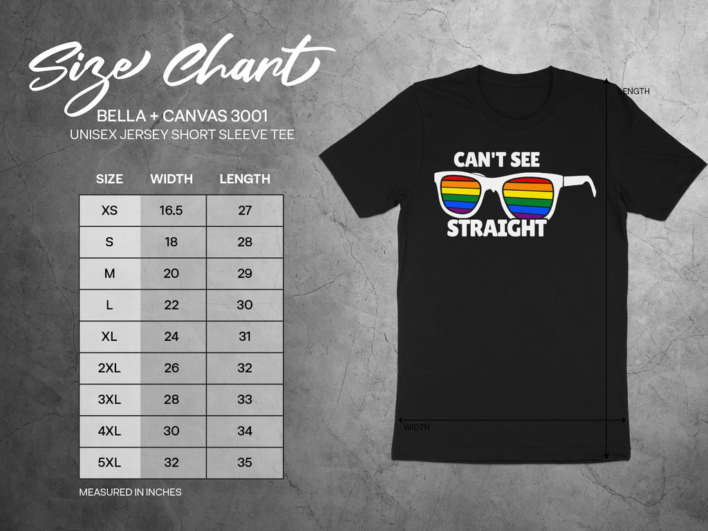 Size chart for Bella+Canvas 3001 unisex short sleeve tee with body measurements.