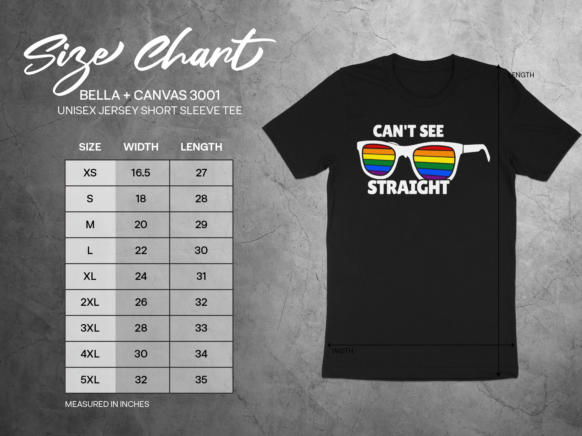 Size chart for Bella+Canvas 3001 unisex short sleeve tee with body measurements.