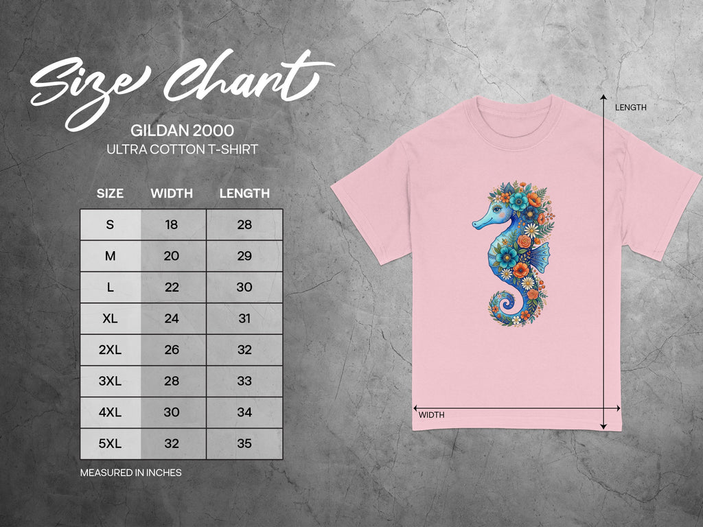 Gildan 2000 size chart for ultra cotton t-shirts with width and length measurements.