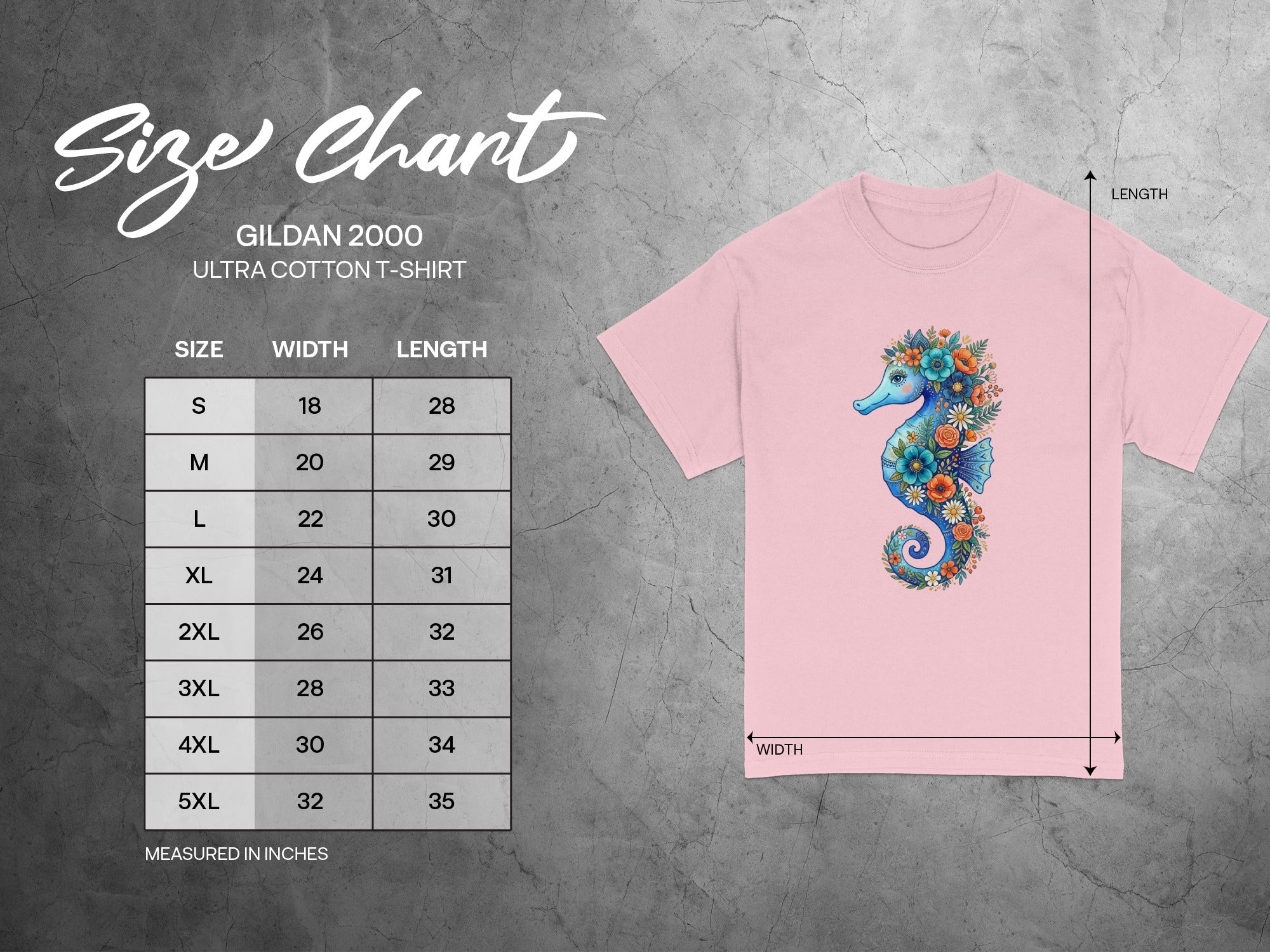 Gildan 2000 size chart for ultra cotton t-shirts with width and length measurements.