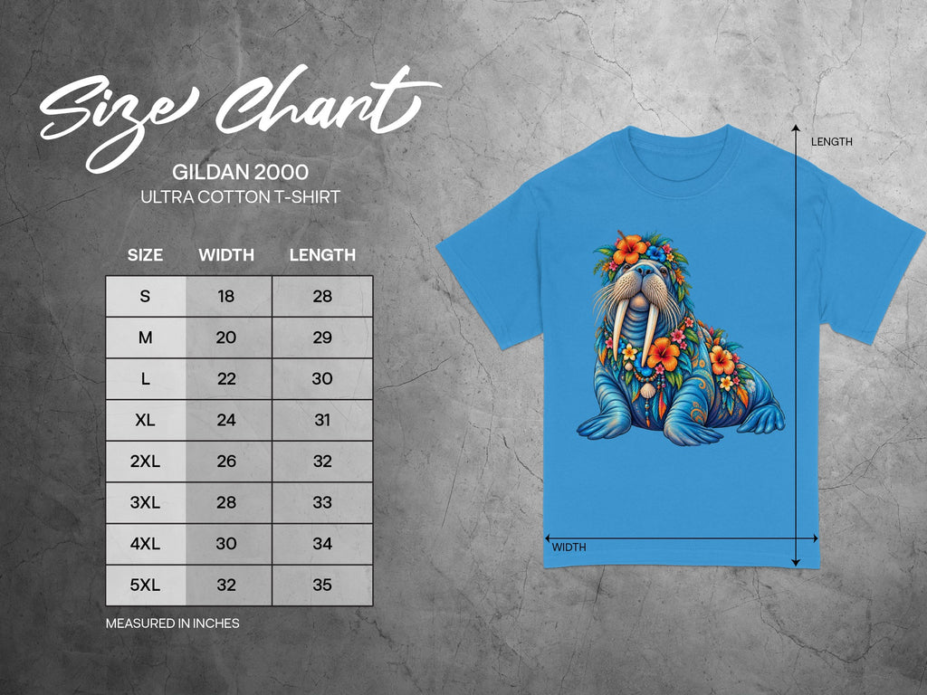 Gildan 2000 Ultra Cotton T-Shirt size chart with walrus graphic.