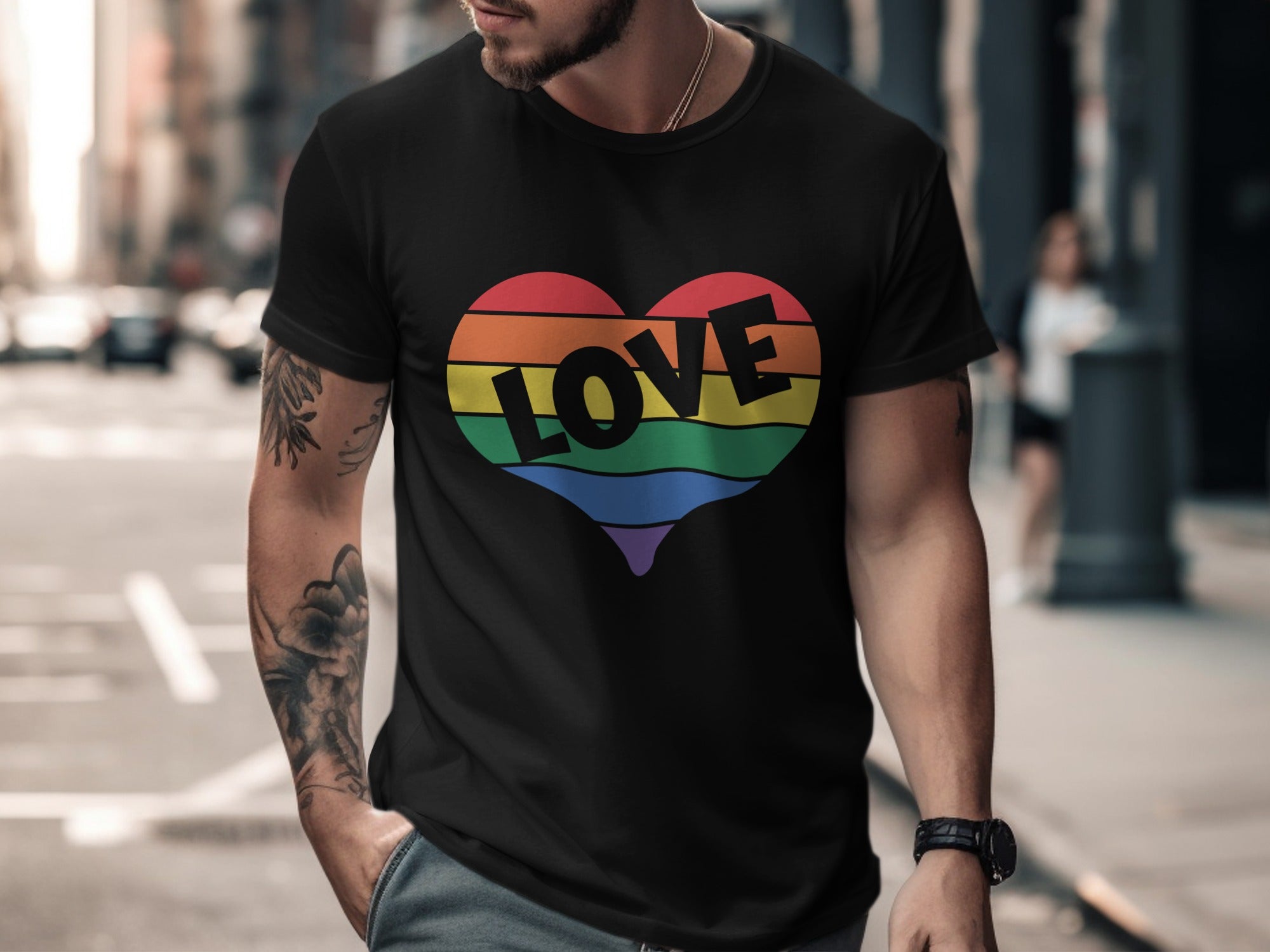 Black t-shirt with rainbow heart and the word LOVE printed on it.