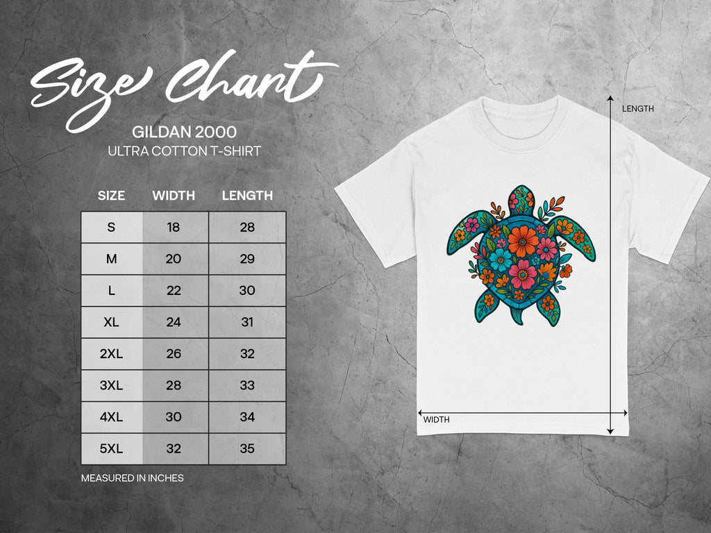 Gildan 2000 Ultra Cotton T-shirt size chart with floral turtle graphic.