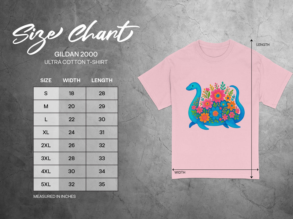 Gildan 2000 Ultra Cotton t-shirt size chart with measurements and pink t-shirt graphic.