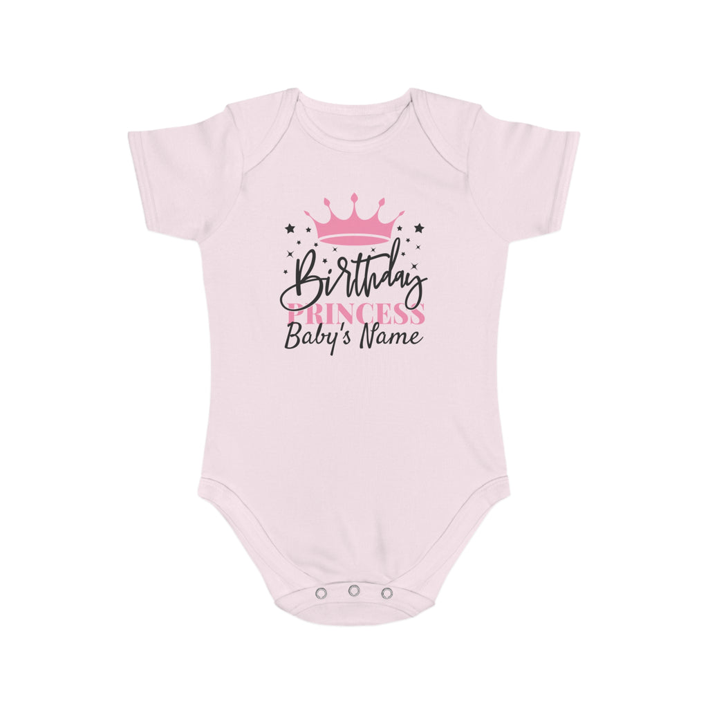 Pink baby onesie with "Birthday Princess Baby's Name" text and crown graphic.