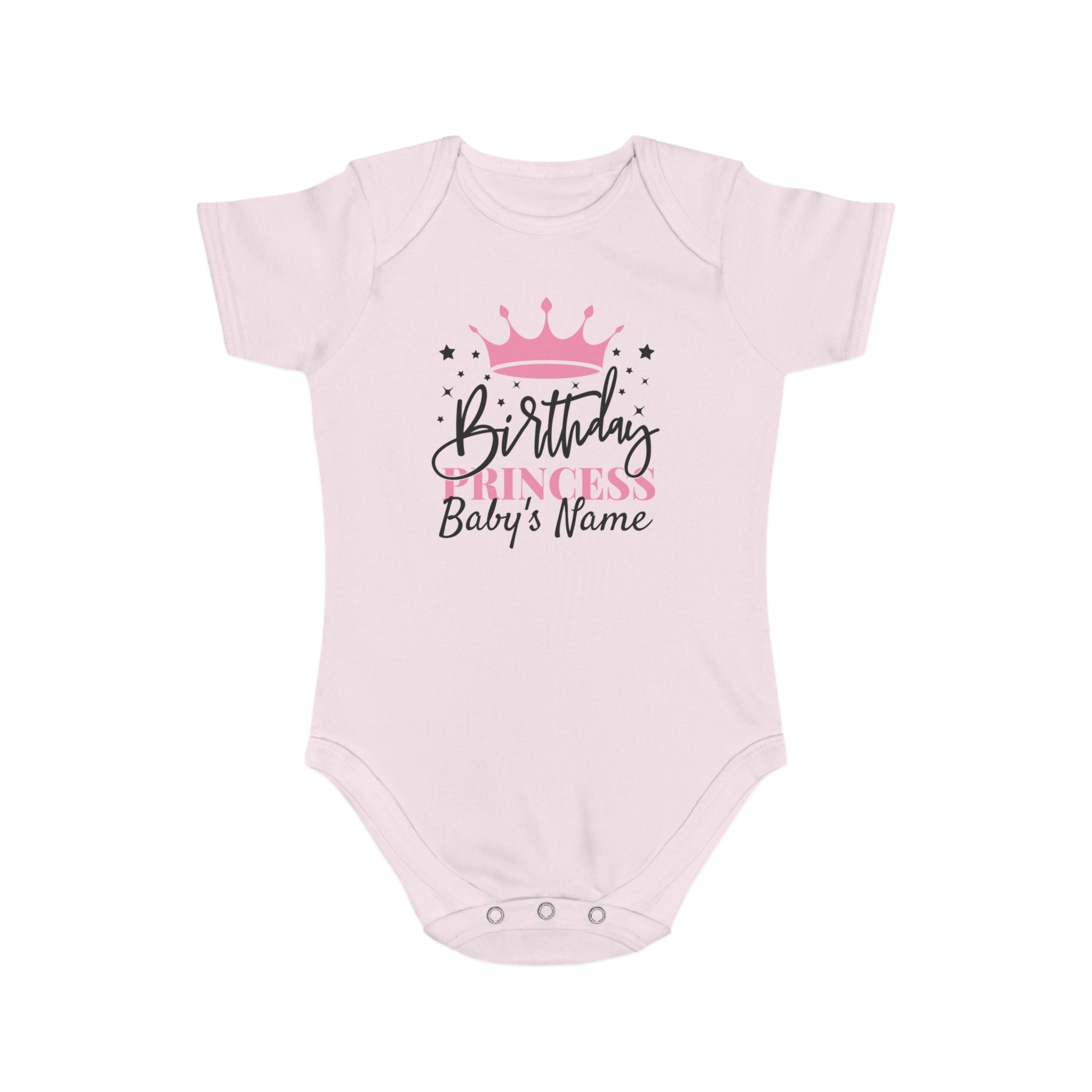 Pink baby onesie with "Birthday Princess Baby's Name" text and crown graphic.