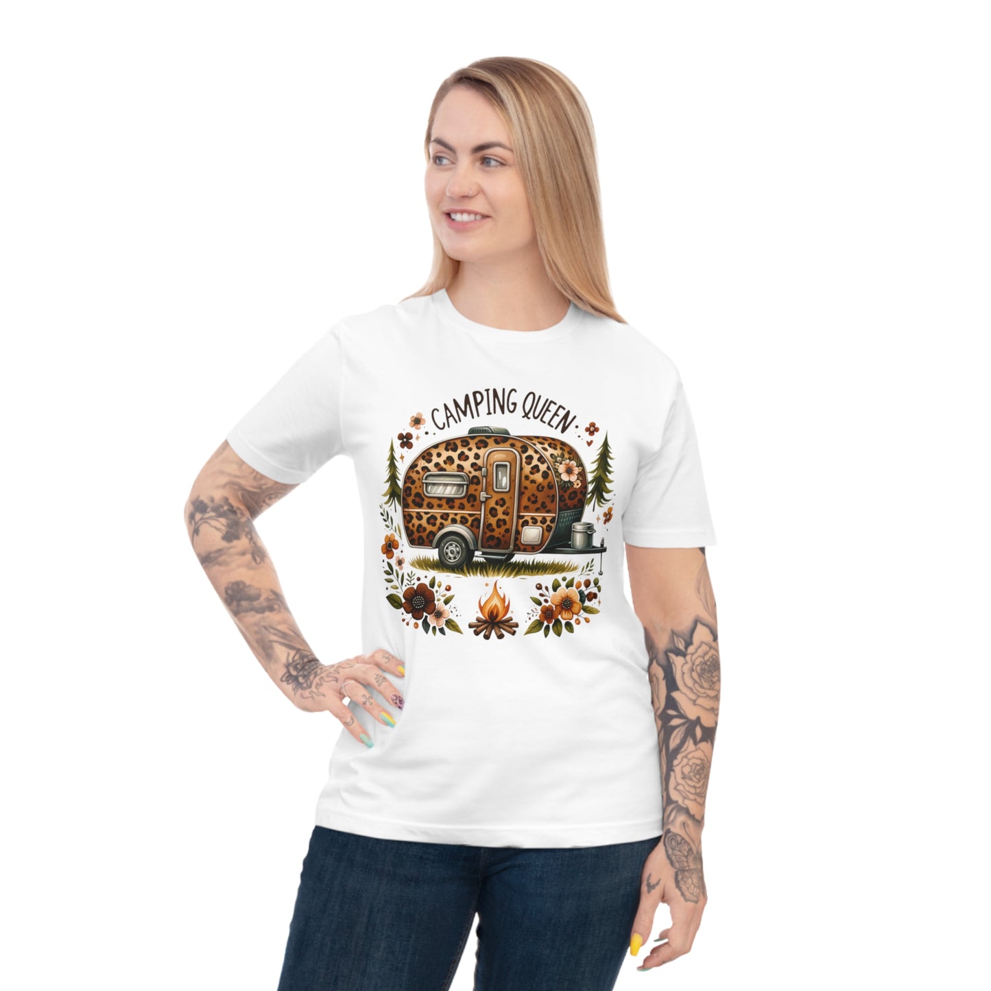 White t-shirt with 'Camping Queen' text and a leopard print camper design.