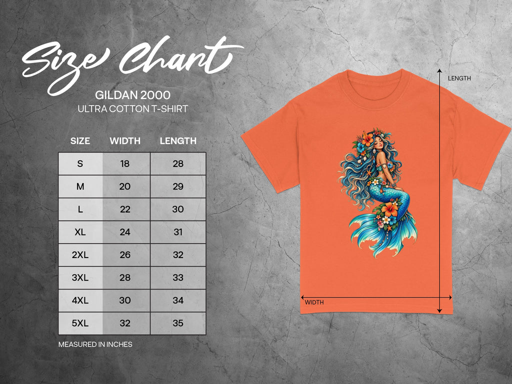 Size chart for Gildan 2000 Ultra Cotton T-shirt with mermaid graphic.