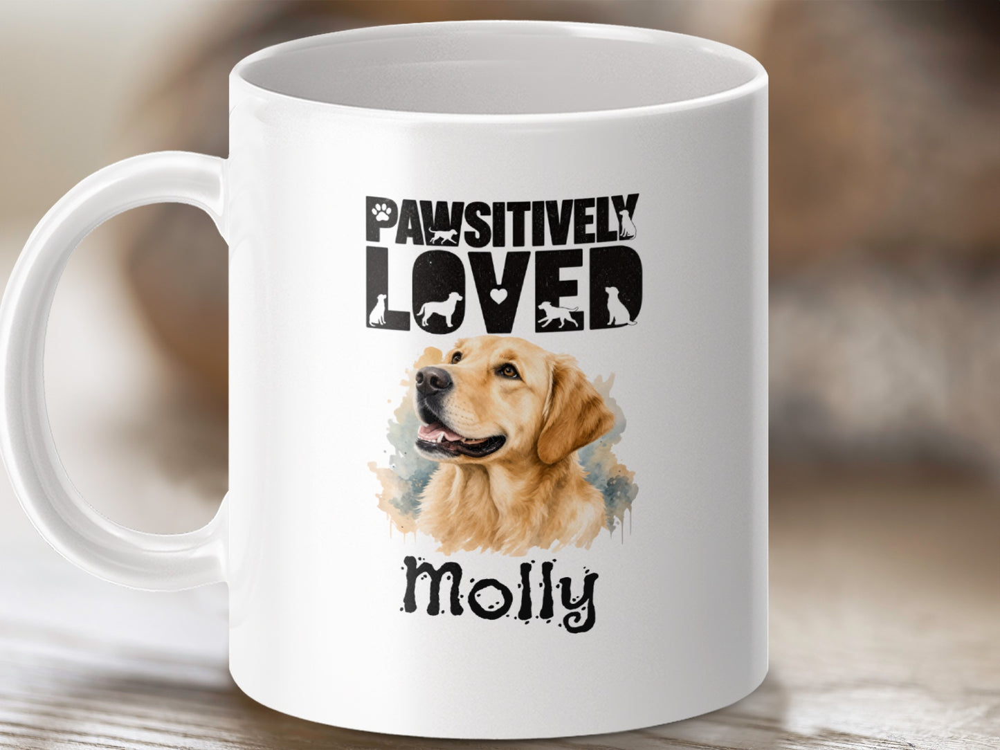 White mug with "PAWSITIVELY LOVED" text and a Golden Retriever portrait named Molly.