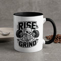 Mug with "Rise and Grind" text and a skeletal figure lifting weights.