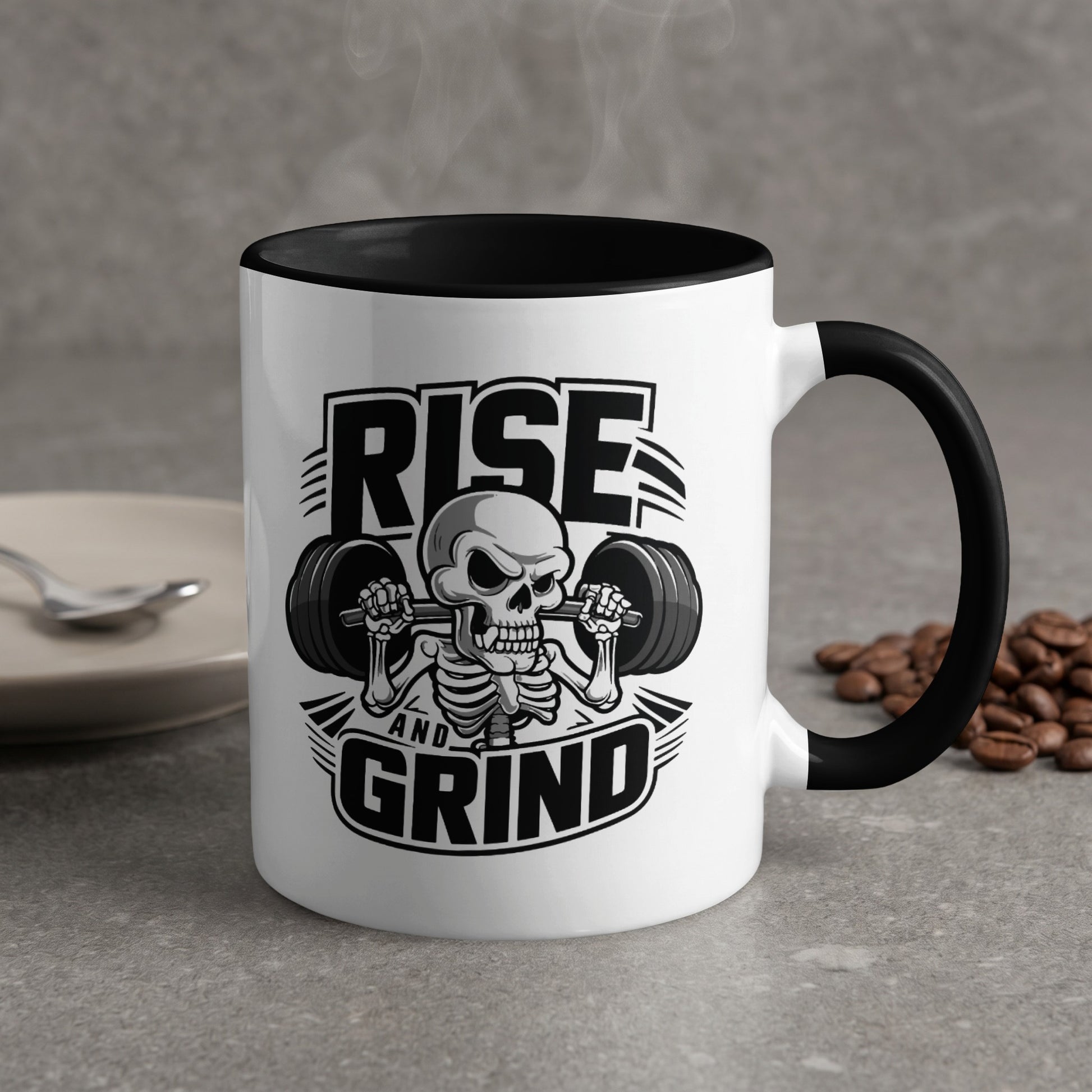 Mug with "Rise and Grind" text and a skeletal figure lifting weights.