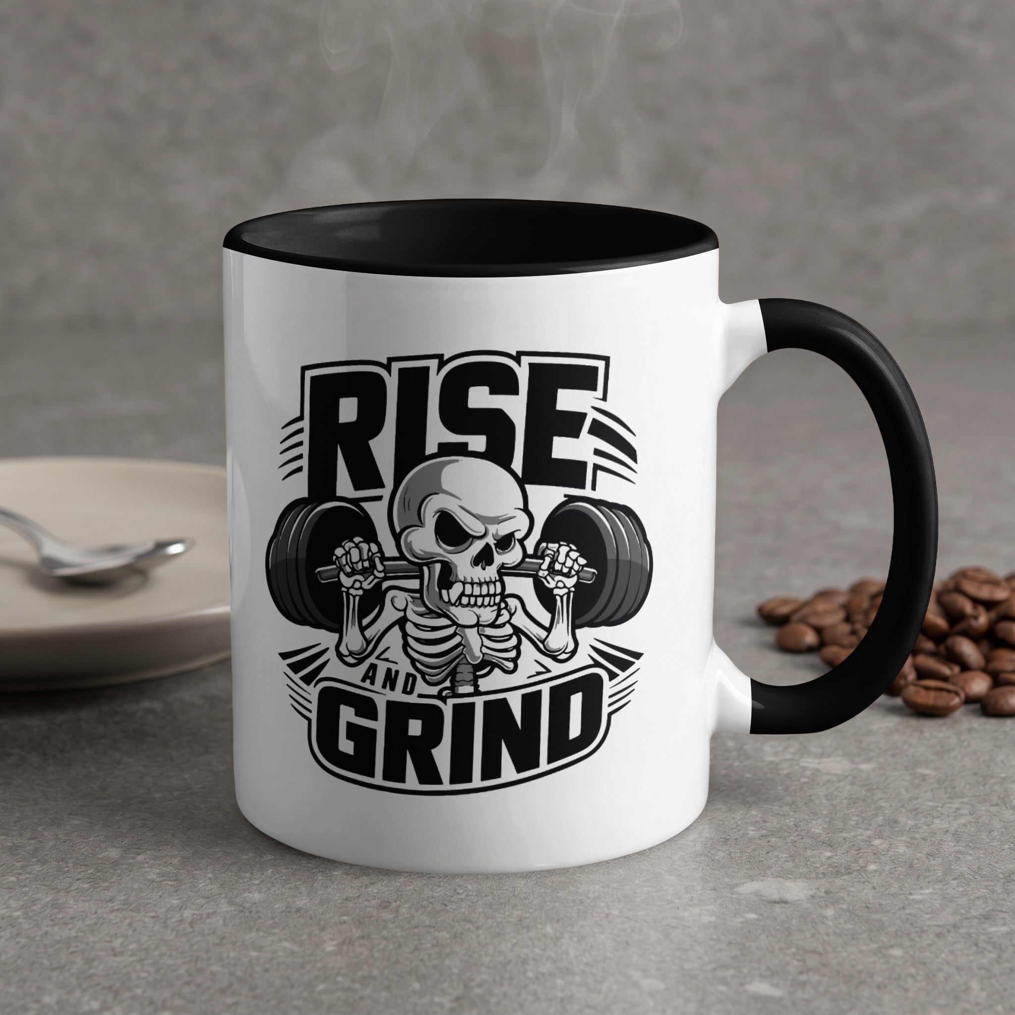 Mug with "Rise and Grind" text and a skeletal figure lifting weights.