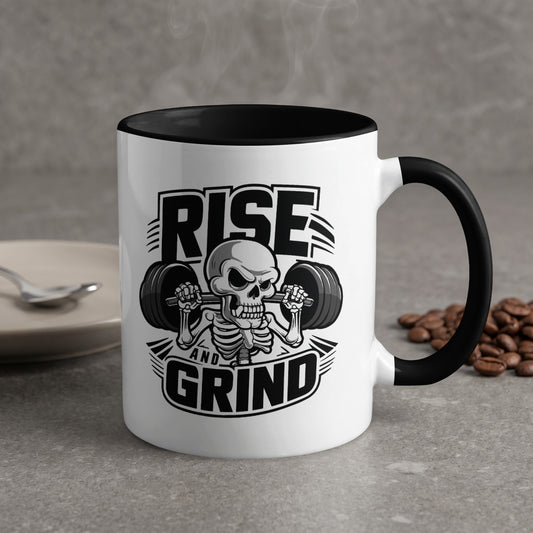 Mug with "Rise and Grind" text and a skeletal figure lifting weights.