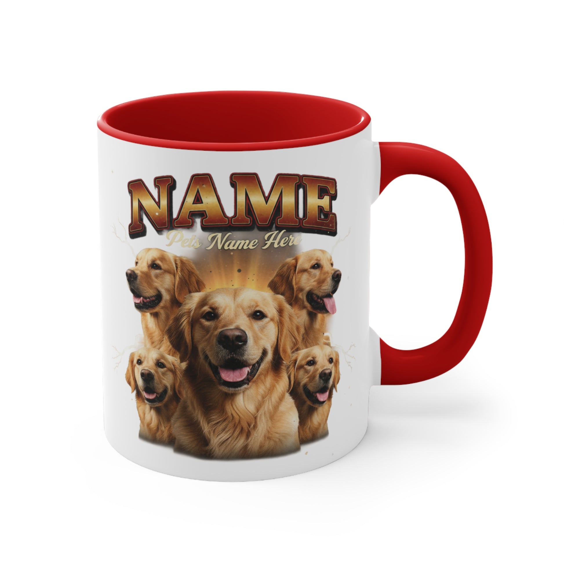 Mug with golden retriever faces and text "NAME Pet's Name Here".