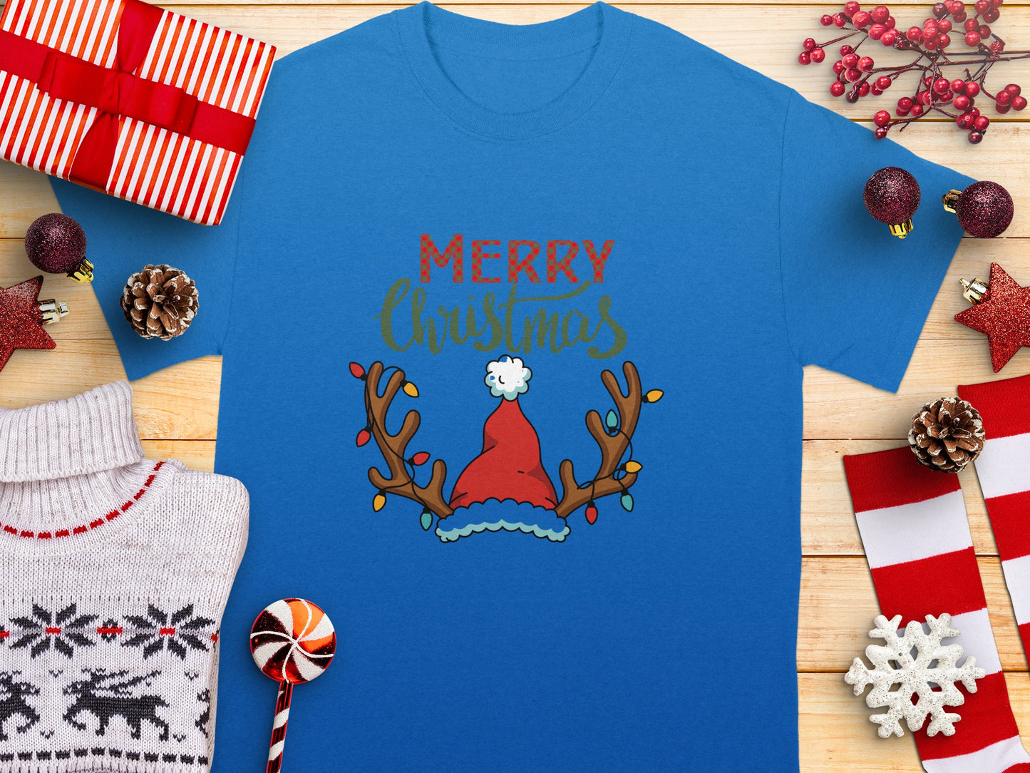 Merry Christmas Reindeer and Santa Hat Shirt