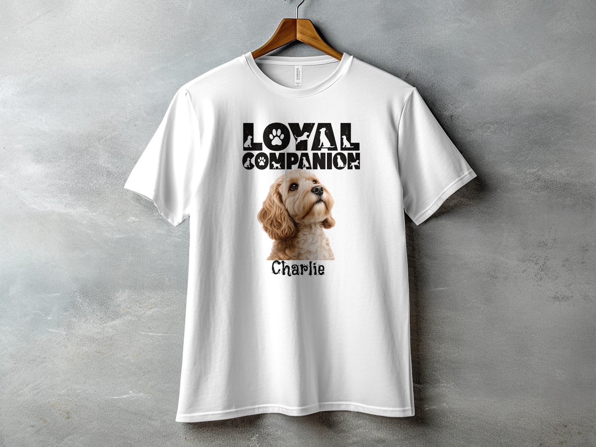 White t-shirt with "LOYAL COMPANION" text and a dog portrait named Charlie.