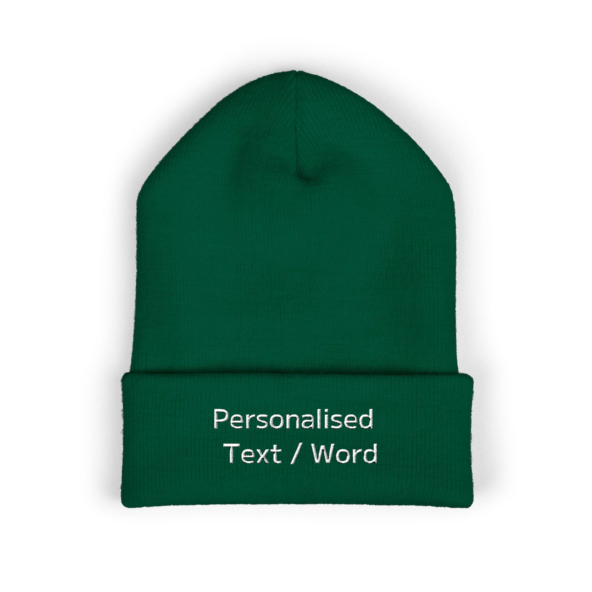 Green beanie with white text "Personalised Text / Word" on the cuff.