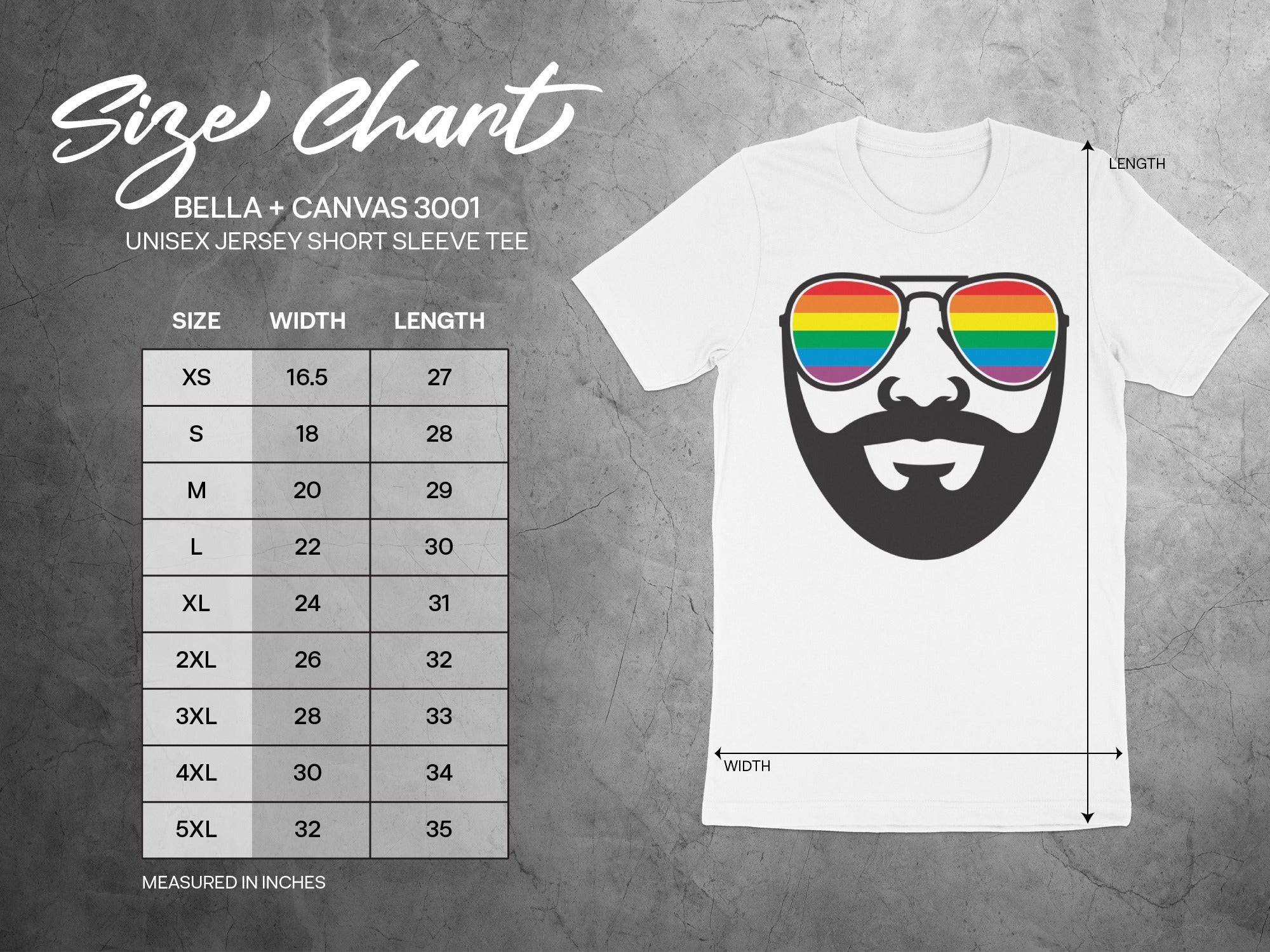 BELLA + CANVAS 3001 size chart for unisex short sleeve tee with rainbow sunglasses graphic.