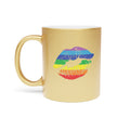 Gold mug with rainbow pride flag kiss imprint.