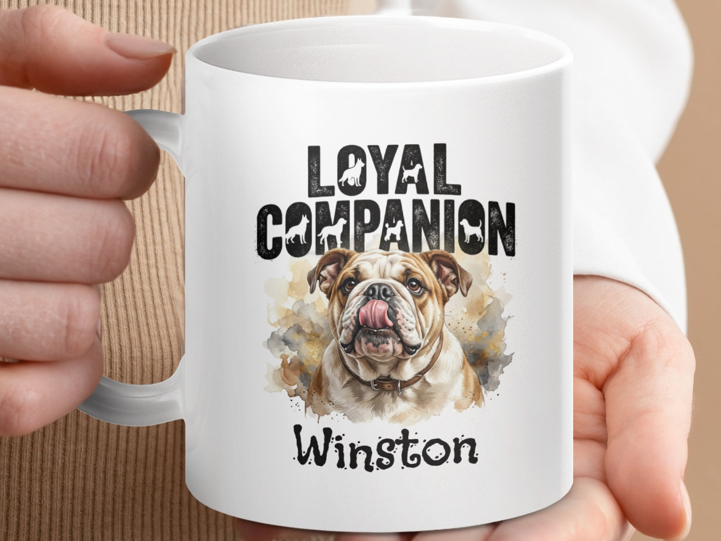 White mug with "Loyal Companion" and bulldog named Winston art.