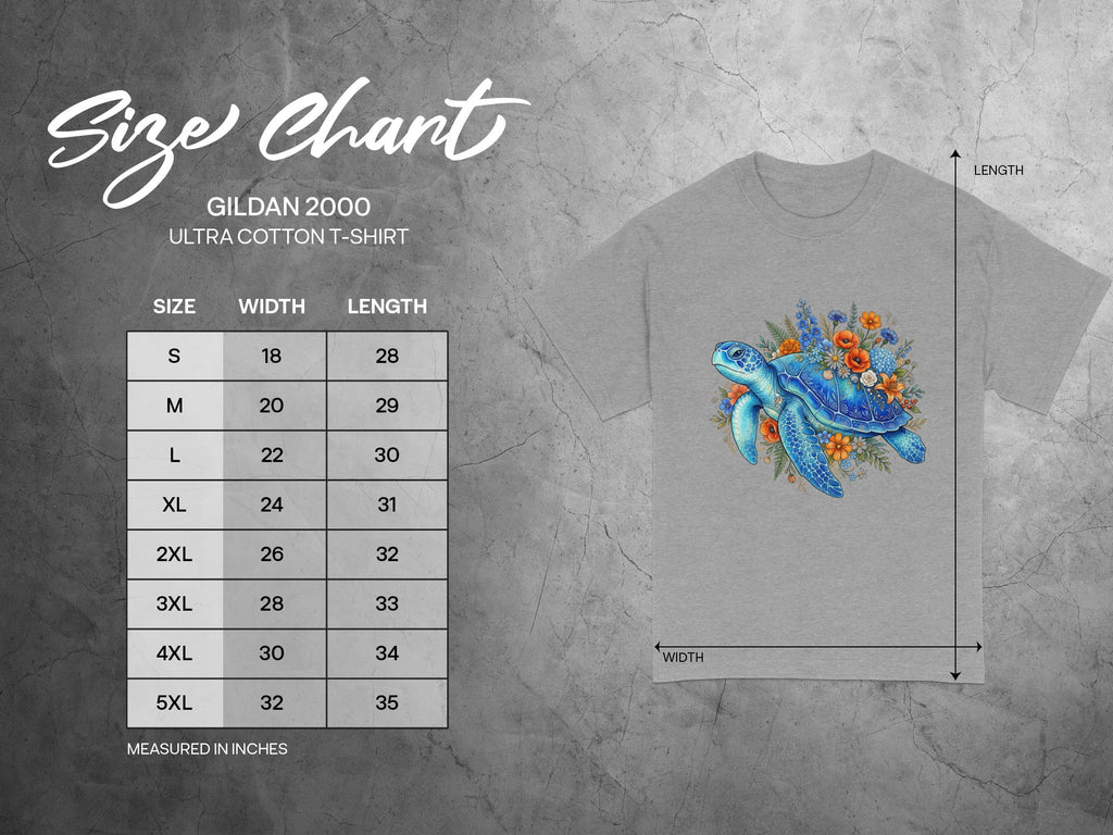Gildan 2000 Ultra Cotton T-Shirt size chart with width and length measurements in inches.