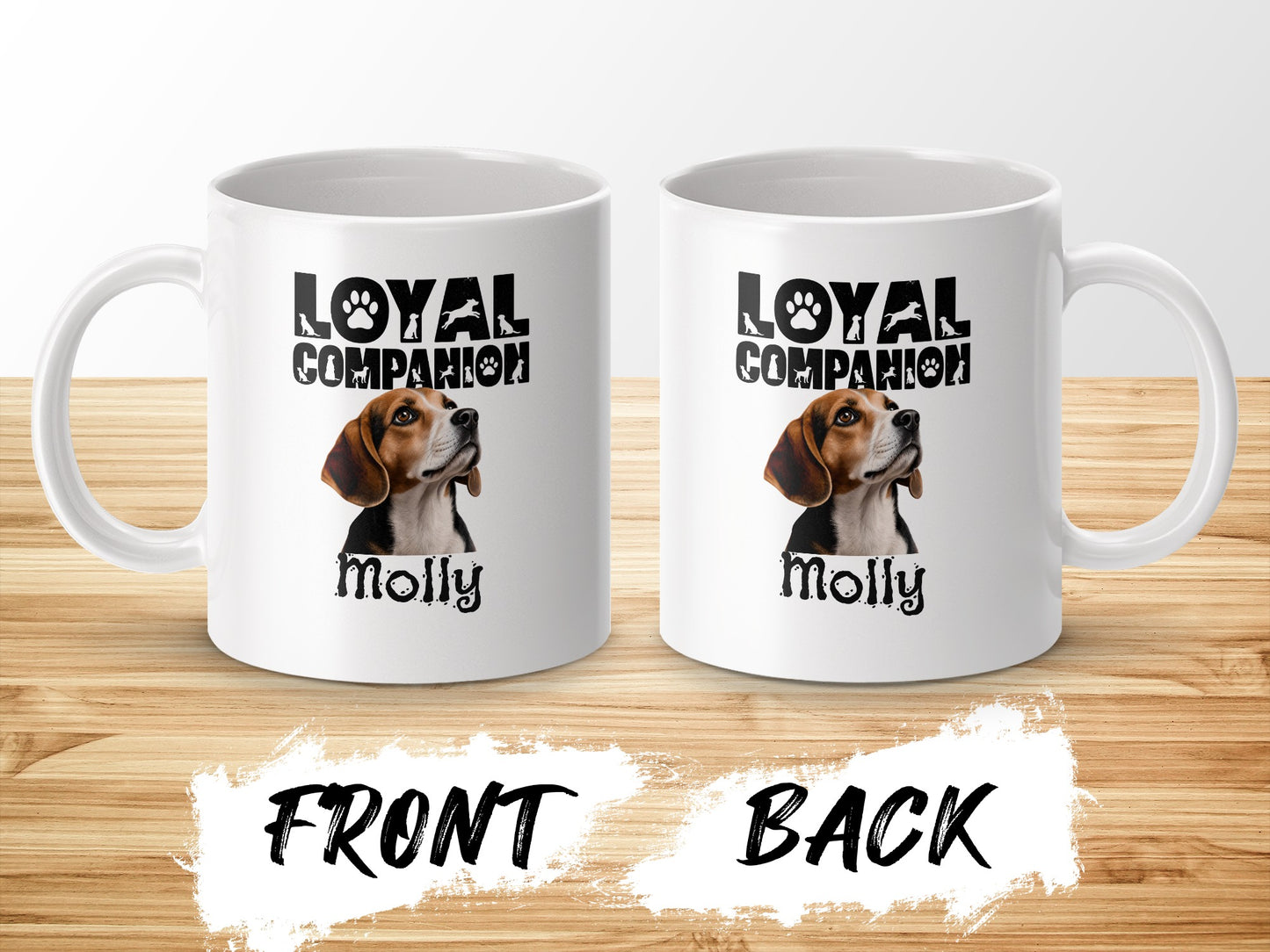 Two white mugs with "Loyal Companion" and "Molly" text and beagle dog image.